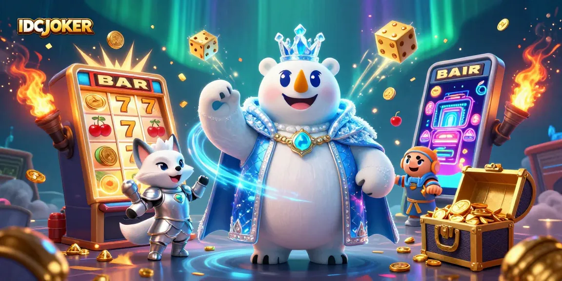 Engage with IDCJOKER's thrilling gaming experience featuring an animated scene of a slot machine and royal characters.