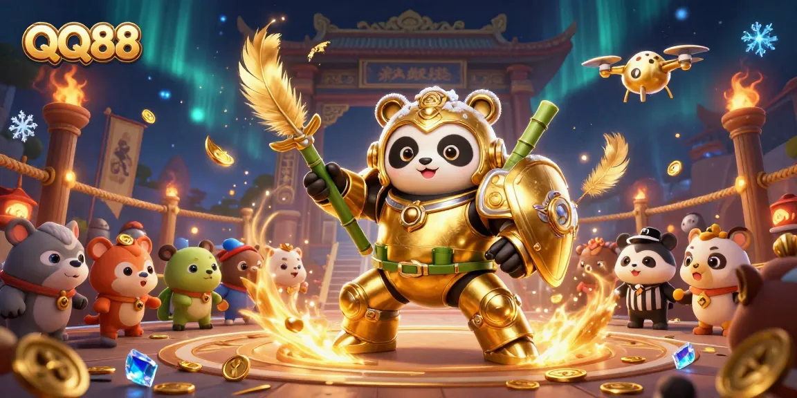 QQ88 cartoon illustration showcasing an exciting mech-suit battle in a vibrant casino arena.