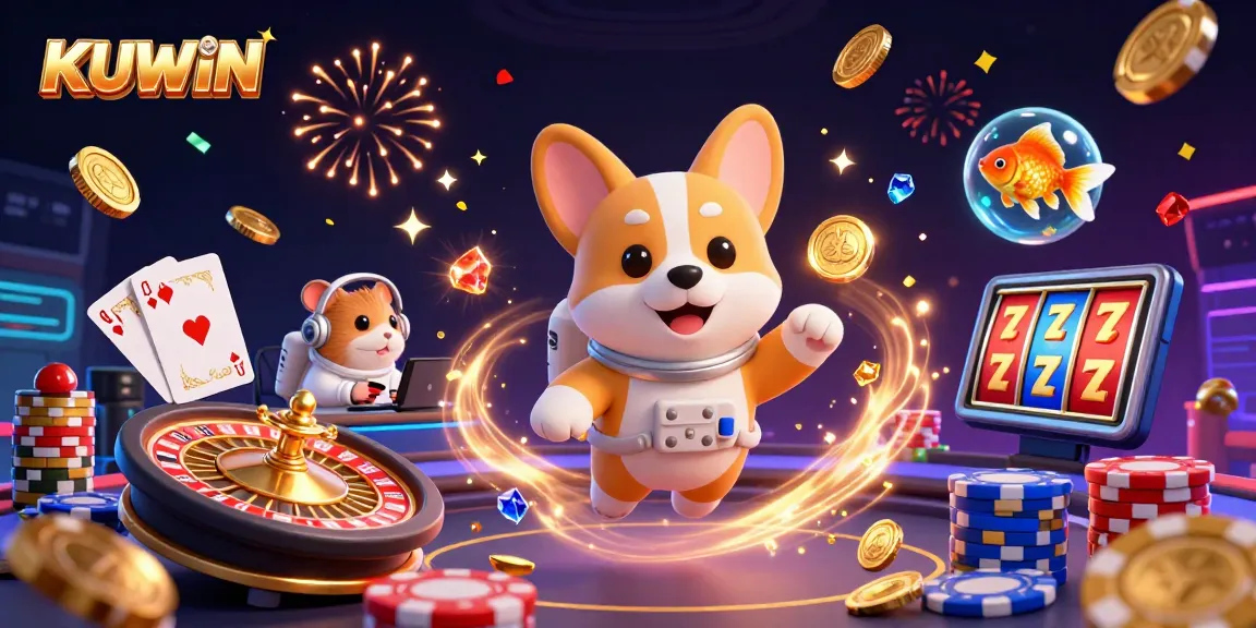 KUWIN's interactive casino experience featuring an astronaut corgi, golden coins, and a roulette wheel.