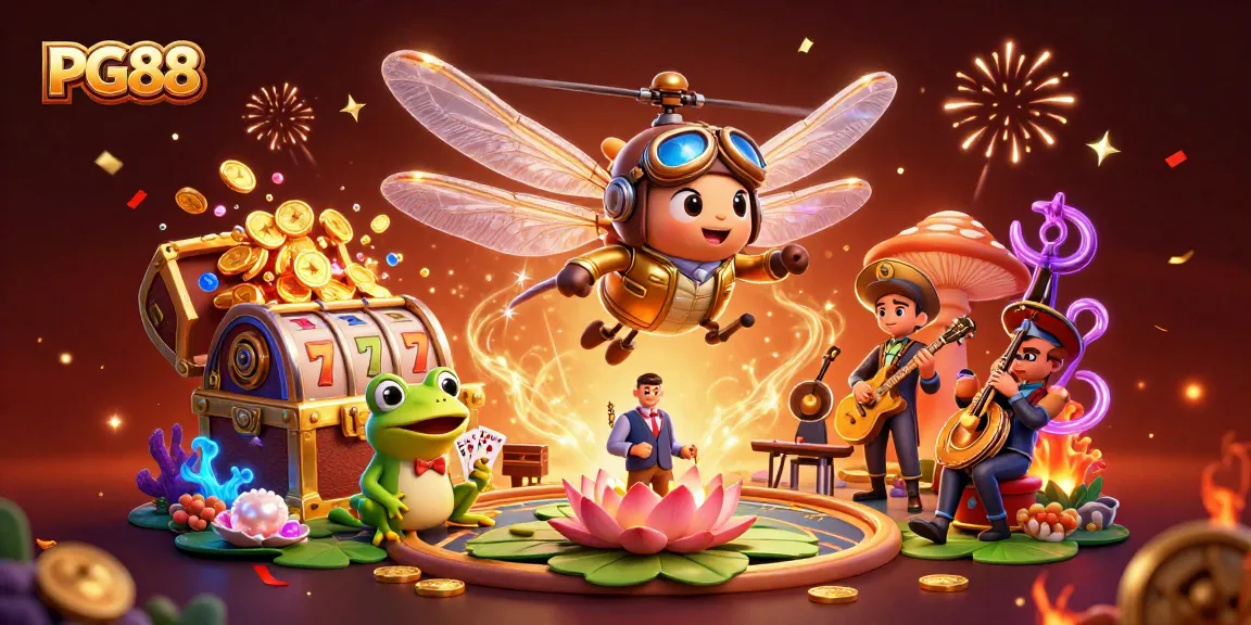 Play with PG88's exciting slots amid vibrant characters and casino action in this captivating illustration.