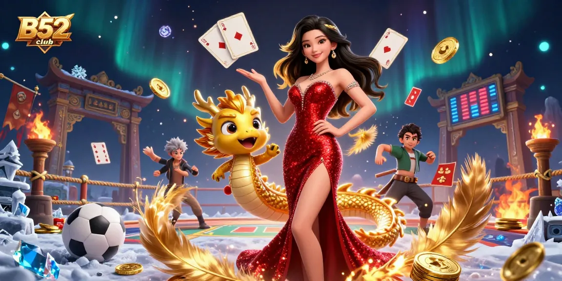 B52club sports betting scene with a stylish Asian actress and playful dragon mascot amid dynamic gaming elements.