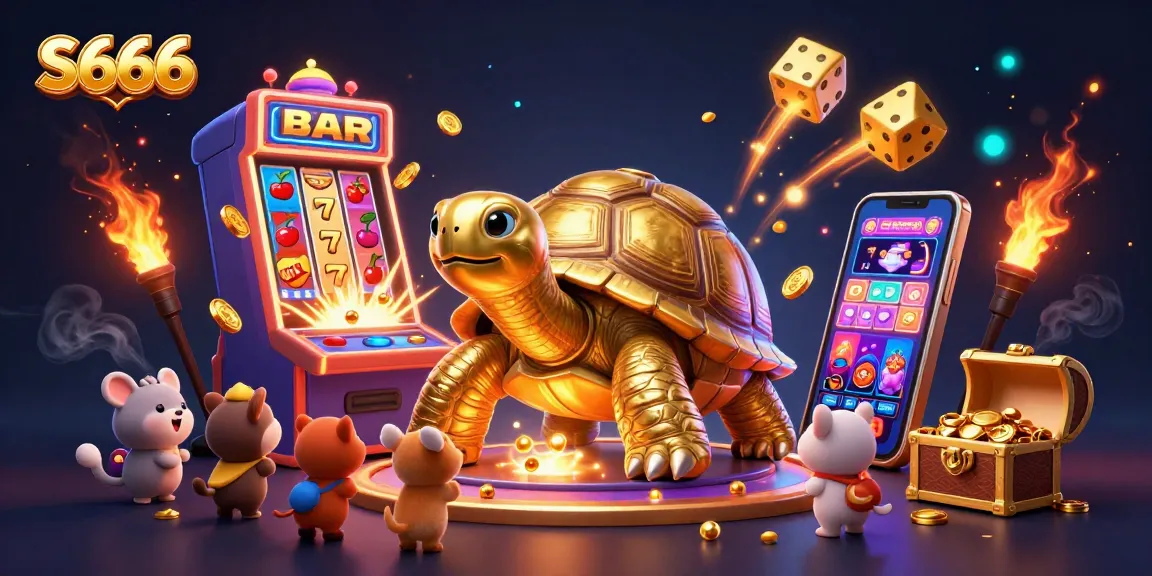 S666 spins excitement with a golden tortoise pinball machine and jackpot slot explosion for casino fun.
