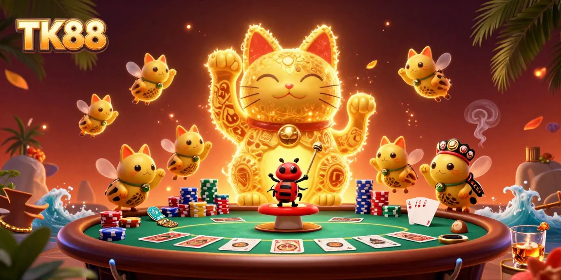 Experience the thrill of winners at TK88 featuring dynamic casino symbols and a lucky cat