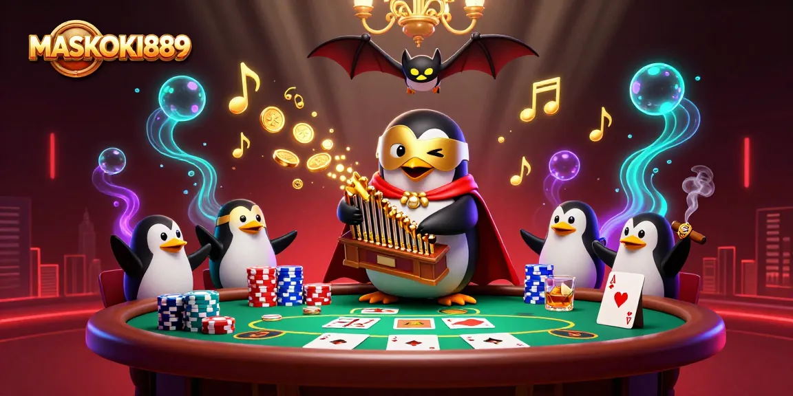 Experience winning gaming moments with MASKOKI889 in this vibrant 3D illustration featuring iconic casino elements.