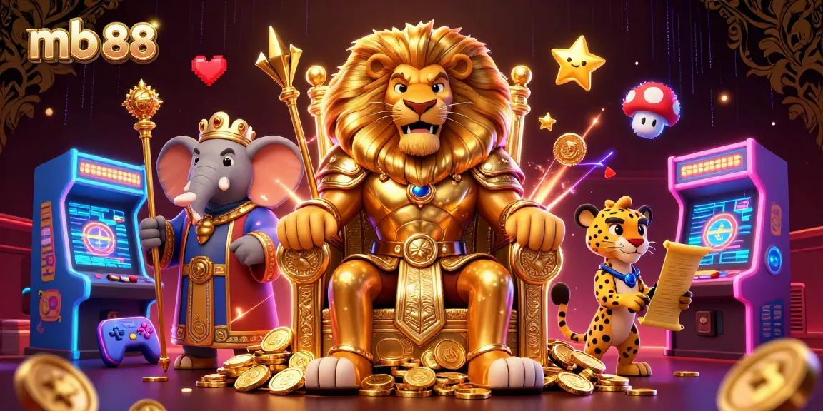 Mô phỏng dự đoán trò chơi từ mb 88, nơi vua sư tử ngồi trên b throne vàng tiền thưởng thú vị.