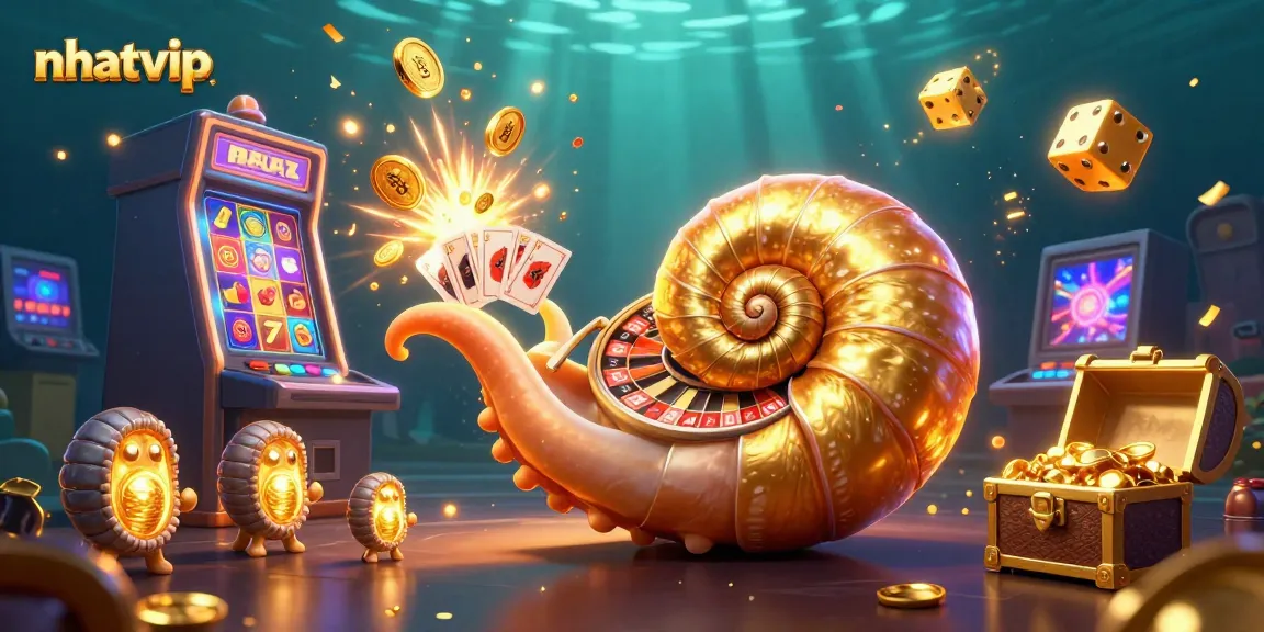 Nhatvip showcases dynamic gambling with a 3D nautilus roulette wheel and card hands amidst a treasure-filled casino.