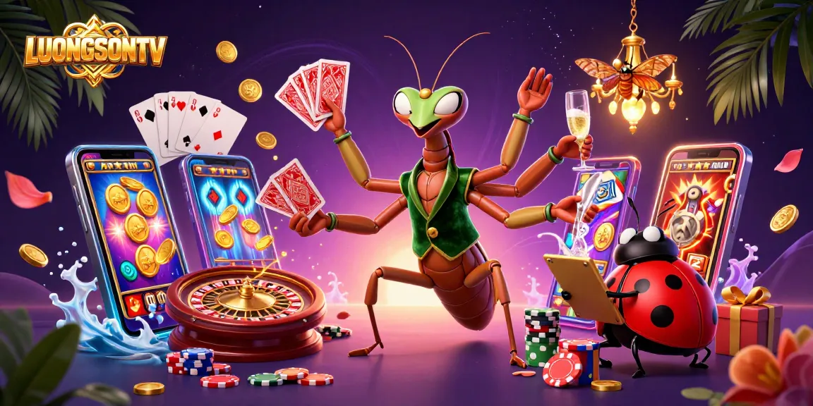 LUONGSONTV showcases a vibrant online casino scene with a mantis dealer and ladybug pit boss.
