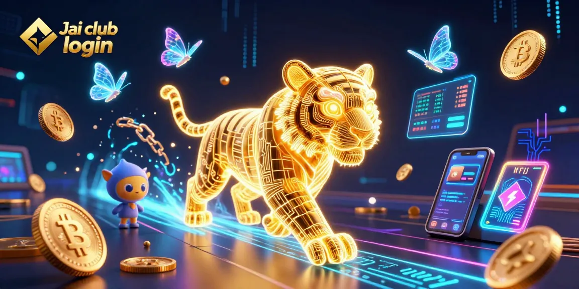 Engage with Jai club login in a vibrant digital casino scene featuring a neon tiger and crypto elements.