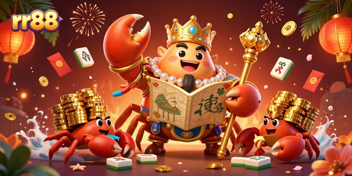 Spin for rewards at rr88, featuring a golden crab emperor and treasure-filled scene!
