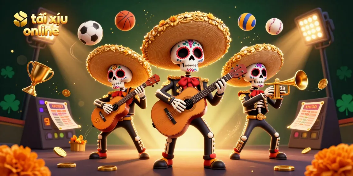 Play exciting tài xỉu online with a vibrant illustration of a mariachi band and sports elements.