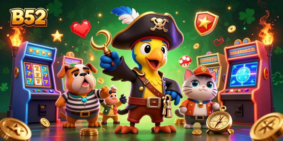 B52 brings luck with vibrant slot reels and 3D casino characters in action-packed illustration.