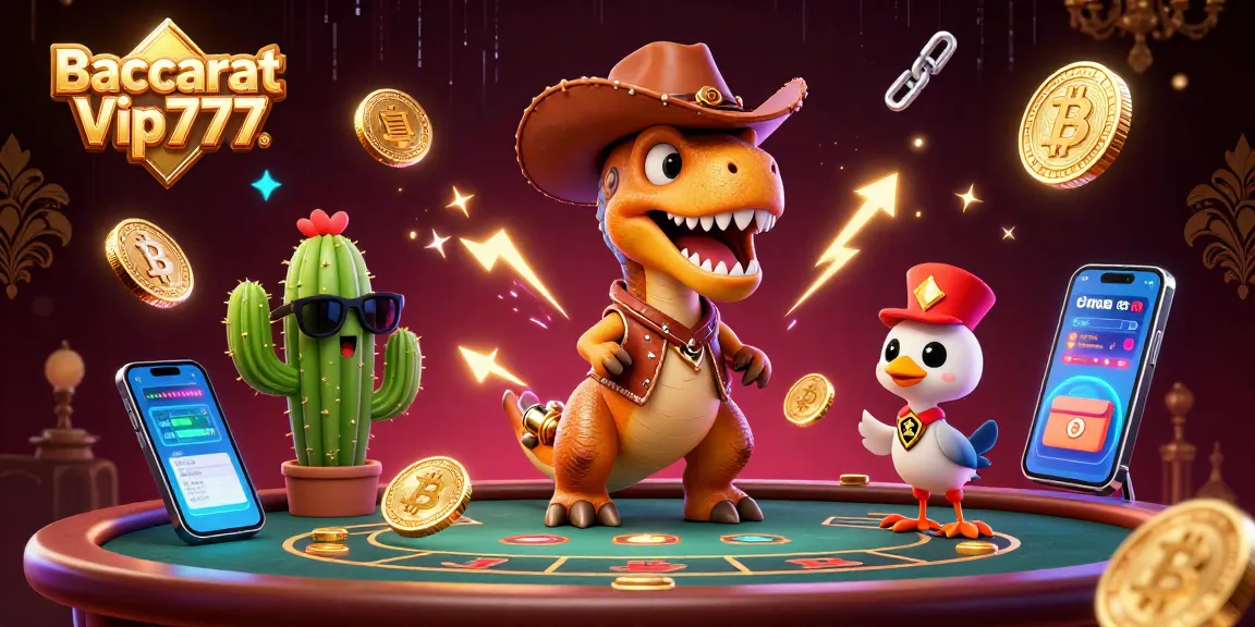 Experience Baccarat Vip777 with animated characters at a lively table, featuring engaging elements and a vibrant casino atmosphere.