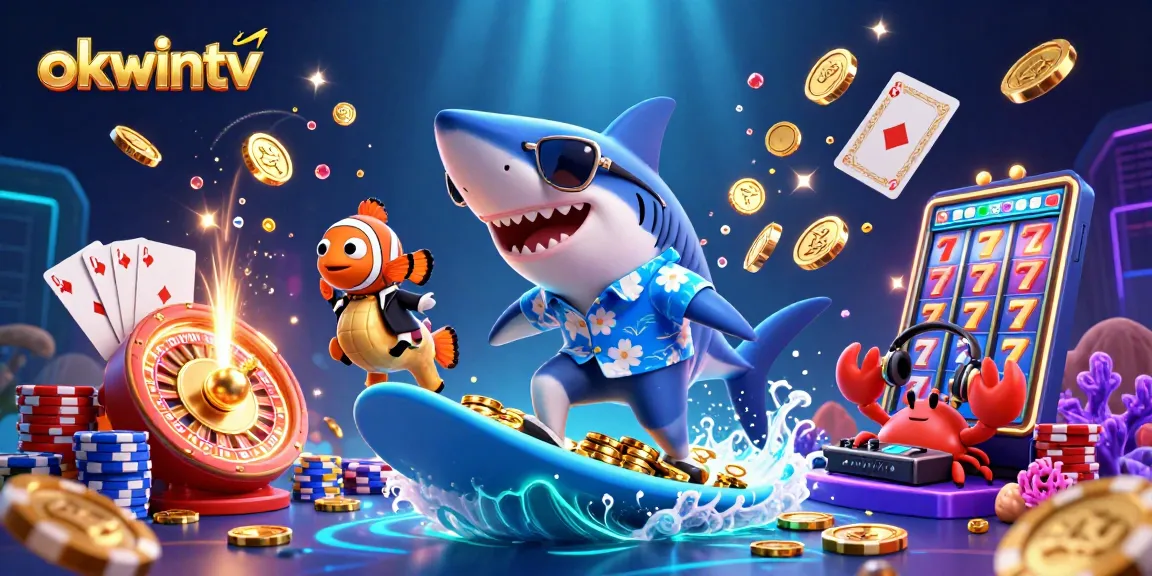 Experience thrilling gambling with okwintv featuring a cartoon shark and dynamic gaming elements.