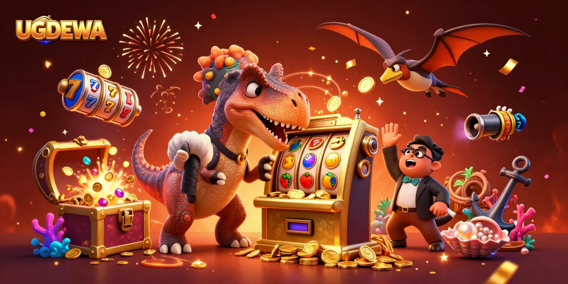UGDEWA showcases a pachycephalosaurus celebrating a jackpot win at a dynamic slot machine.