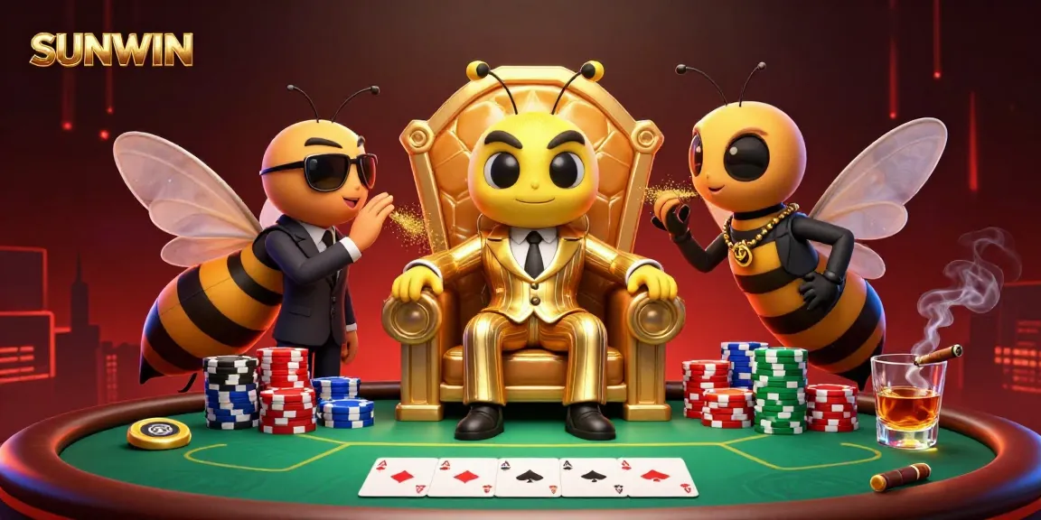 SUNWIN hosts an extravagant gambling scene with a mob boss and wasp bodyguards at a poker table.