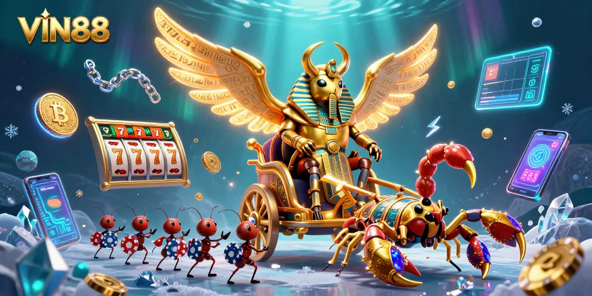 Engage in thrilling slots action with VIN88's vibrant casino world featuring a golden scarab and dynamic game elements.