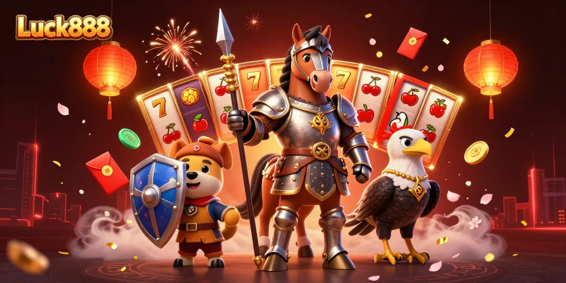 Experience the excitement of Luck888 with a vibrant casino-themed 3D illustration featuring characters and slot game elements.