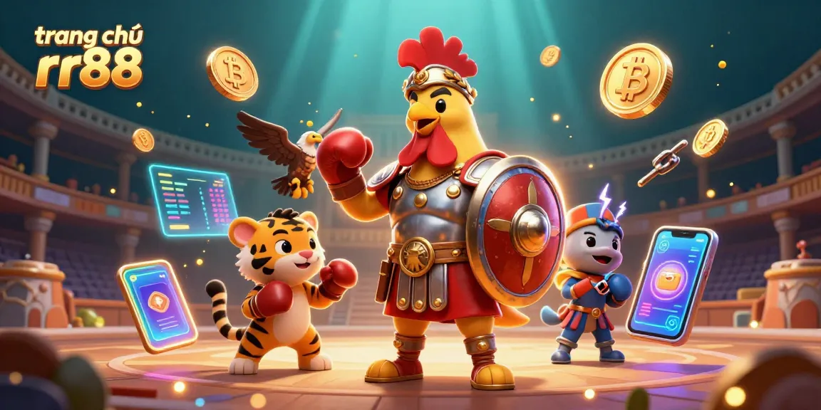Experience the excitement of trang chủ rr88 with a dynamic 3D casino scene featuring a gladiator rooster and cryptocurrency elements.