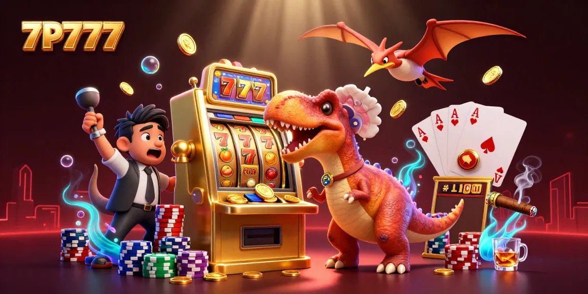 Catch jackpot coins with 7P777 in a thrilling cartoon casino scene featuring dinosaurs.