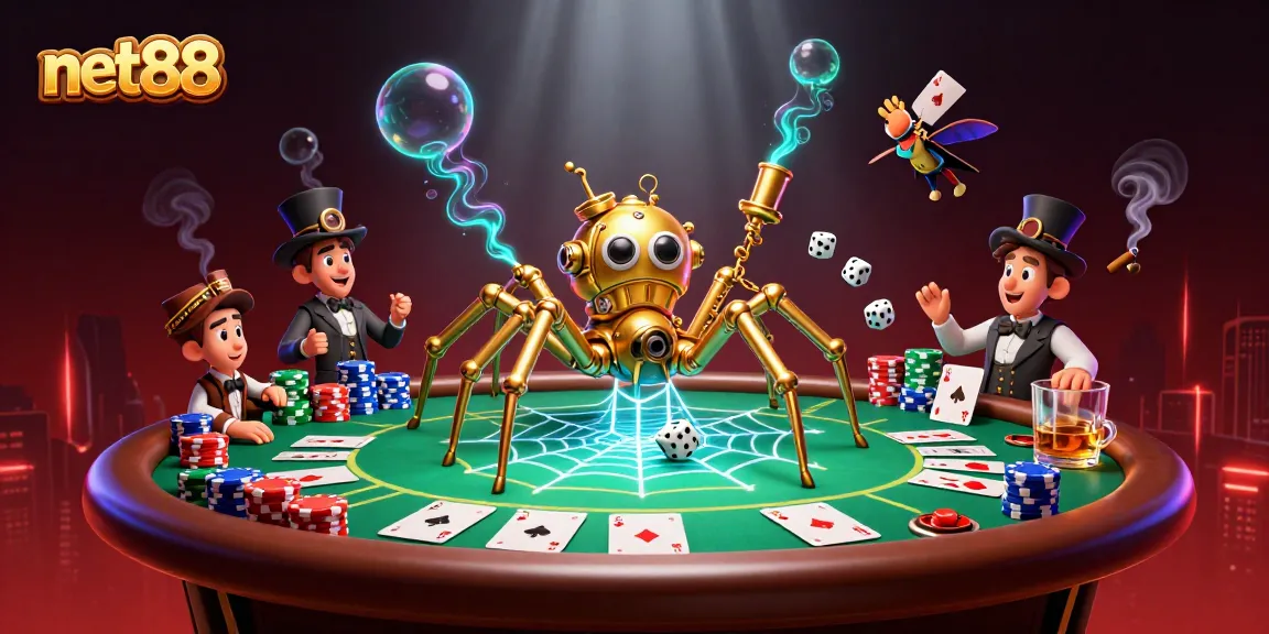 Catch the excitement at net88 with a steampunk spider weaving golden chains and poker elements!