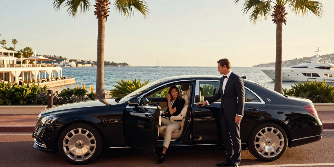 Transfert privé Nice Cannes avec un chauffeur élégant ouvrant la porte d'une berline Mercedes pour un couple sur la Côte d'Azur.