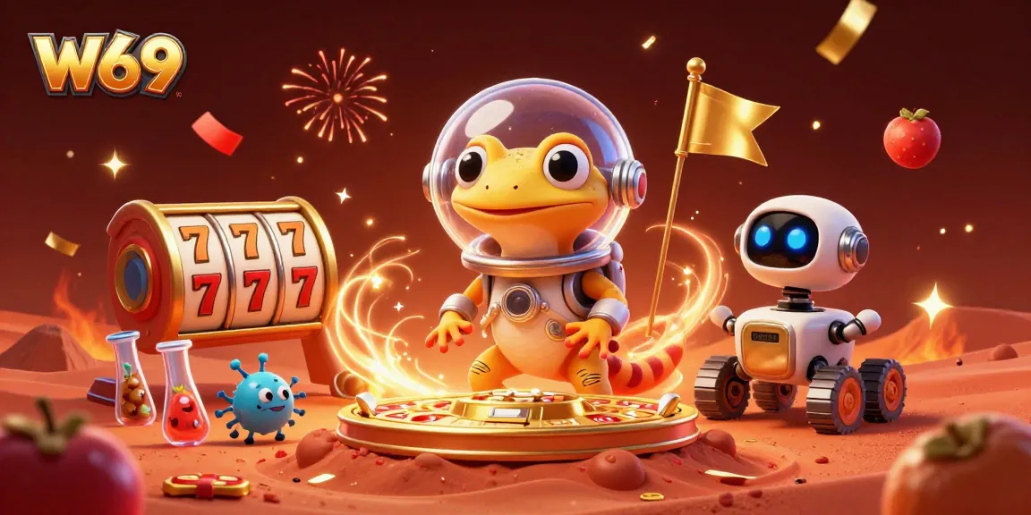 Spin the reels at W69 Casino with a Martian gecko discovering a hidden jackpot.