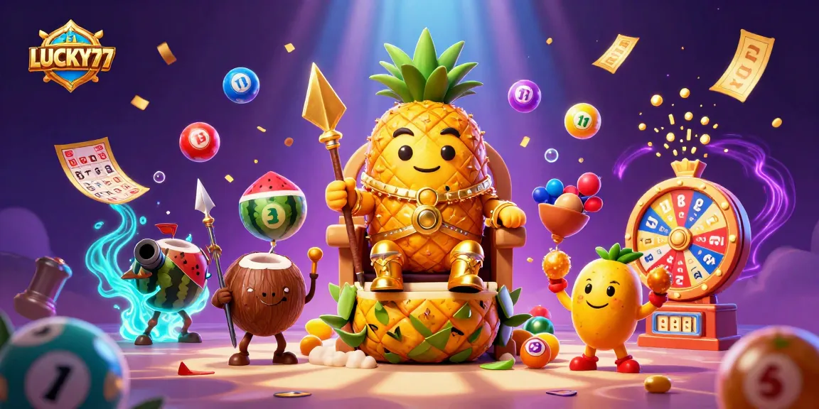 LUCKY77 enhances the excitement of a 3D beach casino scene with vibrant games and characters.