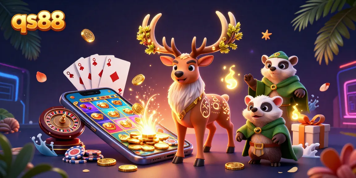 Engage in thrilling gaming with qs88's vibrant 3D illustration of exciting slot play.