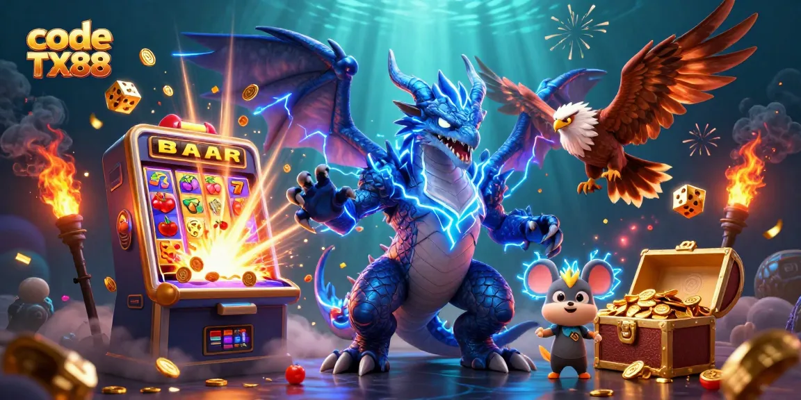 Spin to win big with code TX88 at a vibrant online casino featuring a thrilling dragon and slot machine.