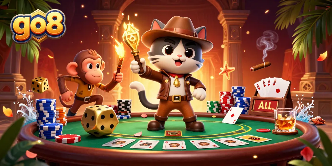 Join the fun at go8, where a cartoon cat discovers casino treasures amid vibrant gambling action!