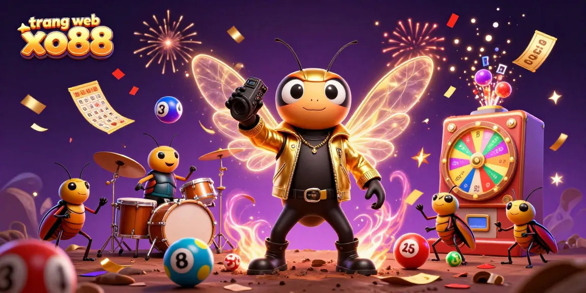 Immerse yourself in the vibrant world of trang web xo88 with a celebratory casino scene featuring a cicada rock star.