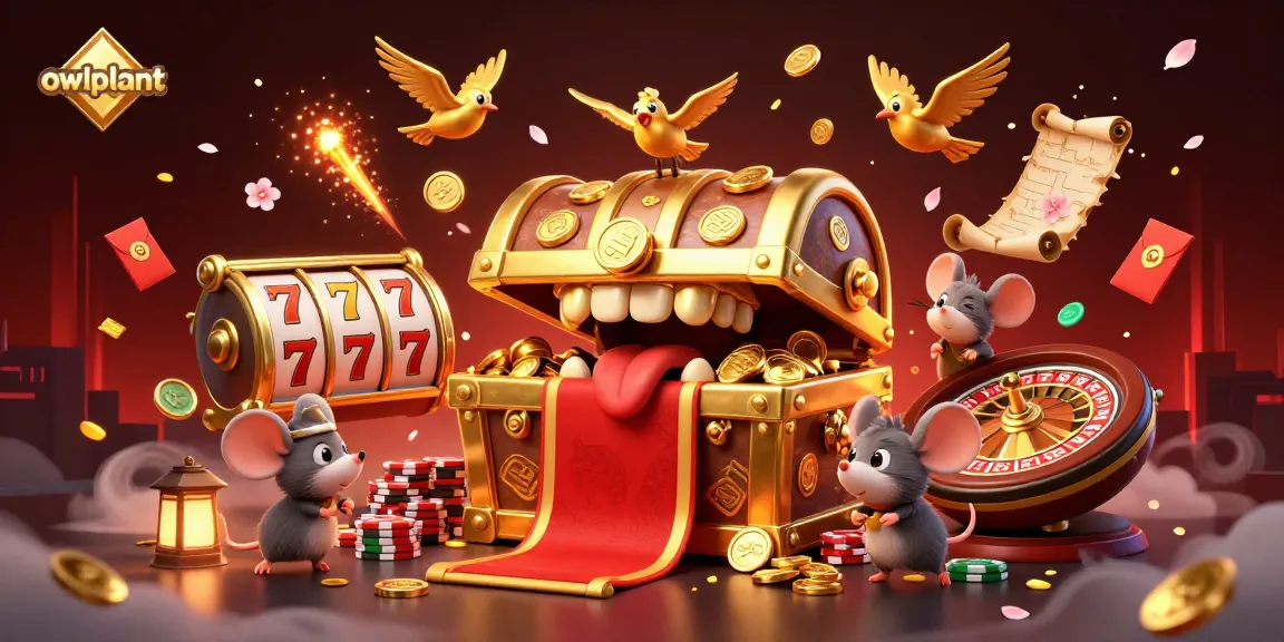 owlplant engages players with exciting slot reels and poker chips in a vibrant casino scene.