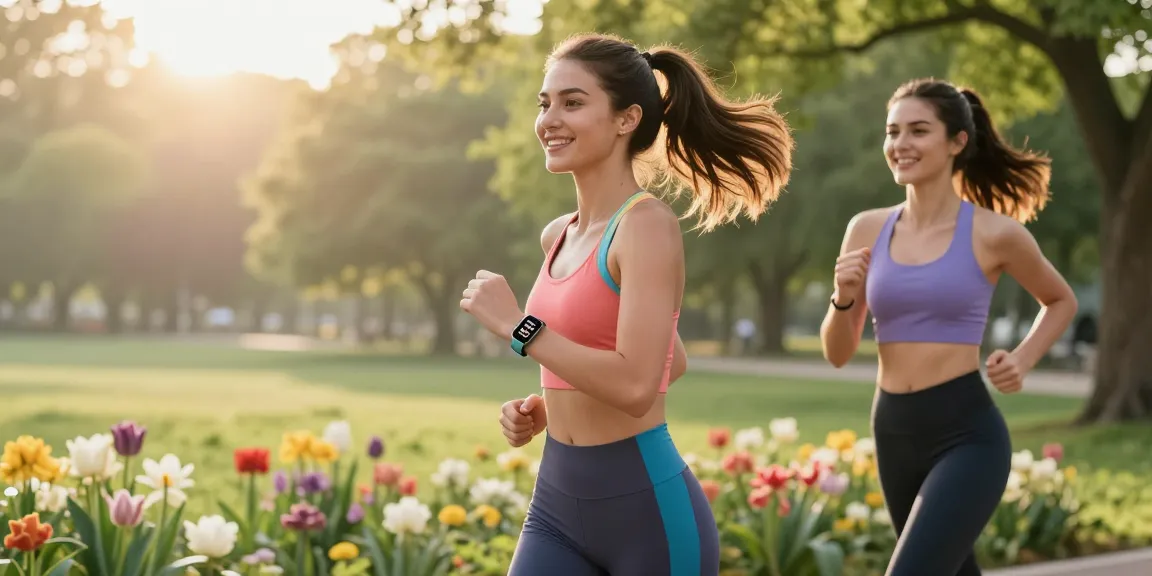 Penggunaan https://www.polarfitbitshop.com/fitbit-luxe/ oleh wanita saat berlari di taman, menunjukkan gaya hidup aktif dan sehat.
