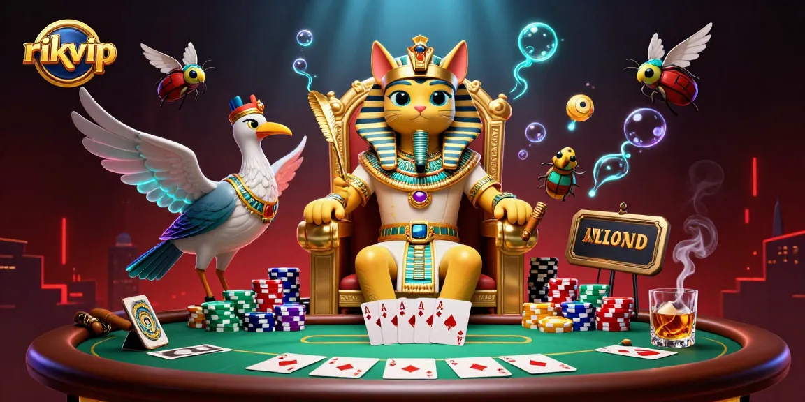 Experience the thrill of rikvip with a vibrant 3D scene capturing poker action, cats, and jewels.