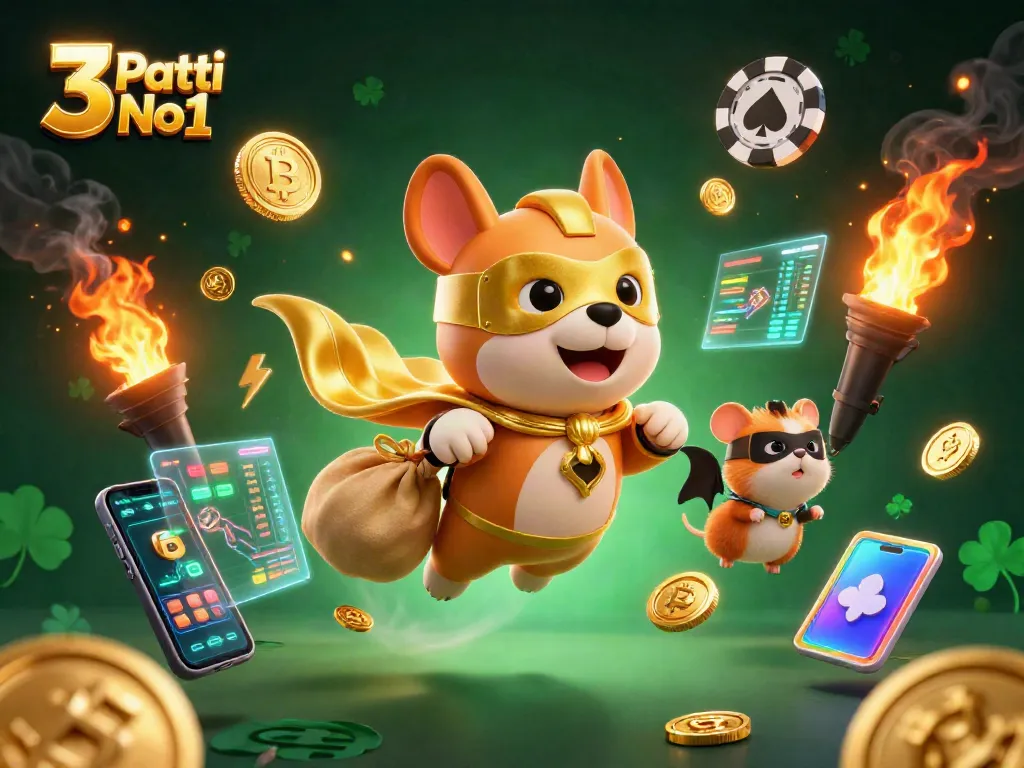 Playing 3 Patti No1 to earn real money, featuring a heroic dog and hamster in a vibrant casino scene.