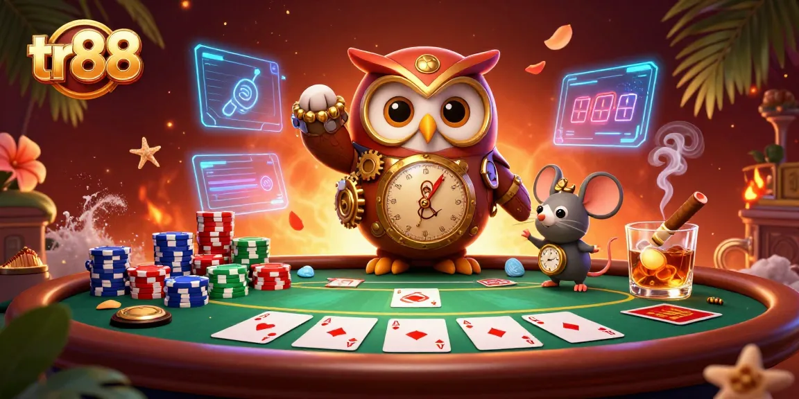 Engage with tr88 players at a vibrant casino featuring a time-traveler owl and poker elements.