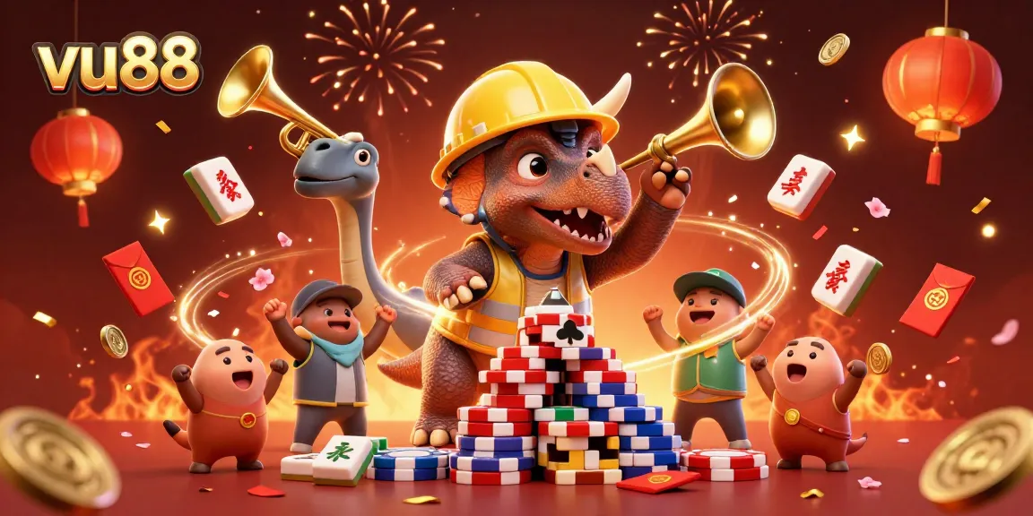 Experience the excitement at vu88 with a vibrant scene of a triceratops building poker chip towers amidst festive elements.