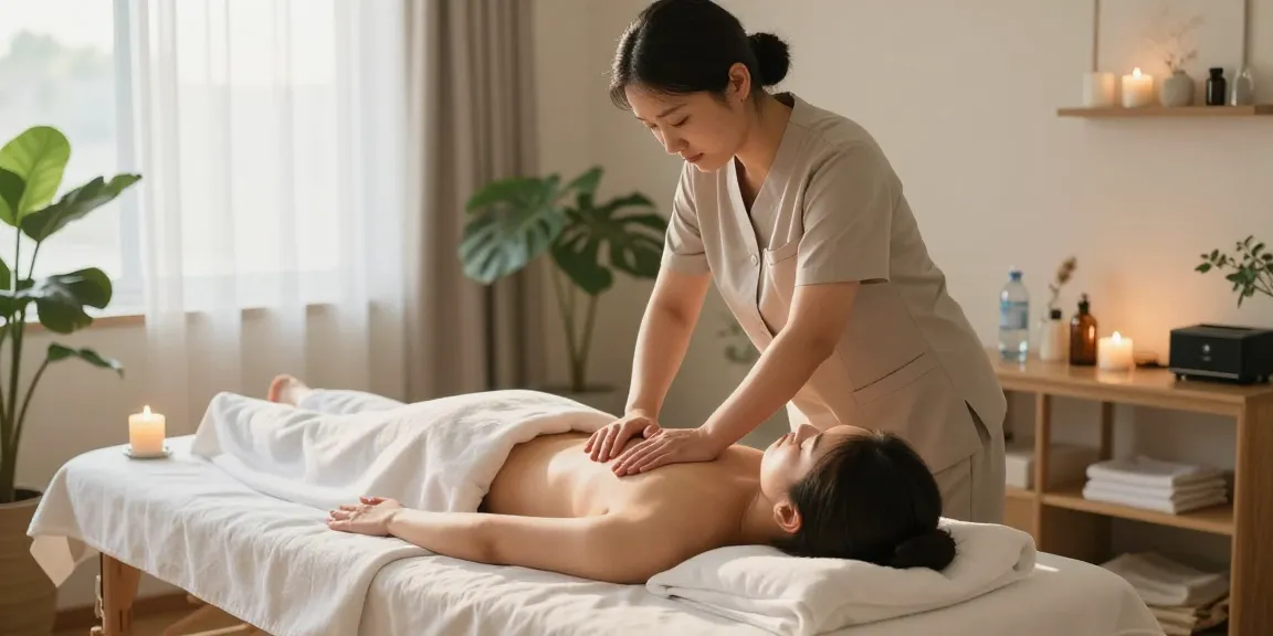 Relaxing 용인출장안마 session with a professional massage therapist providing soothing mobile massage in a serene indoor setting