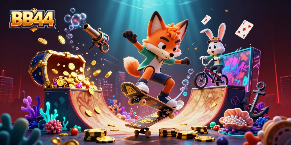 Experience thrilling gaming action at BB44 with a vibrant 3D scene showcasing a skateboarder fox and rabbit in a casino-inspired underwater world.