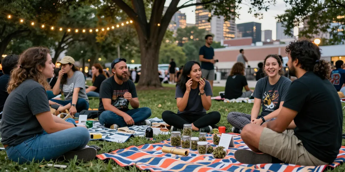 Community gathering of cannabis enthusiasts sharing knowledge on weed telegram near me in an urban park.