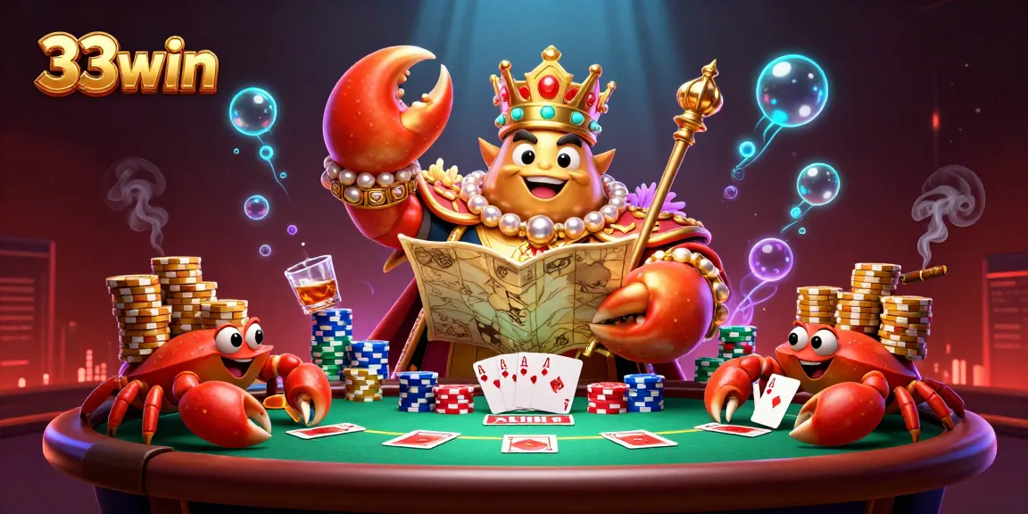 Engage in thrilling poker battles at 33win with a golden crab emperor amidst vibrant game elements.