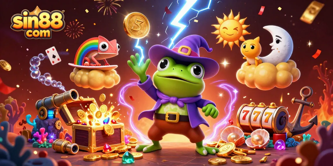 Experience exciting wins with sin88 com through vibrant 3D casino illustration showcasing slots and treasures