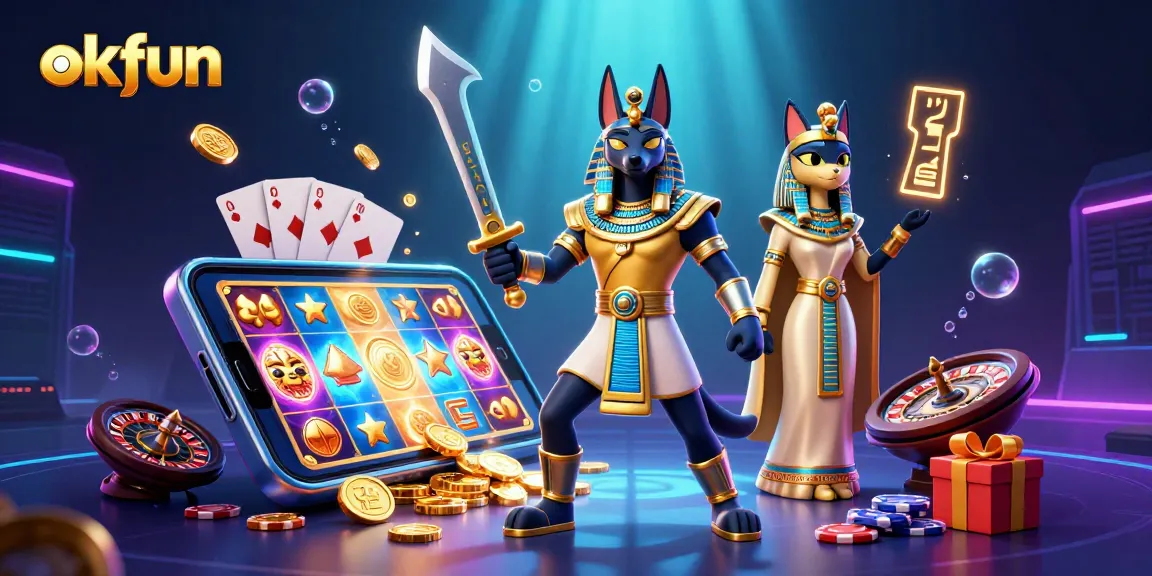 Experience thrilling gaming with okfun in this vibrant 3D casino scene featuring slot games and ancient Egyptian characters