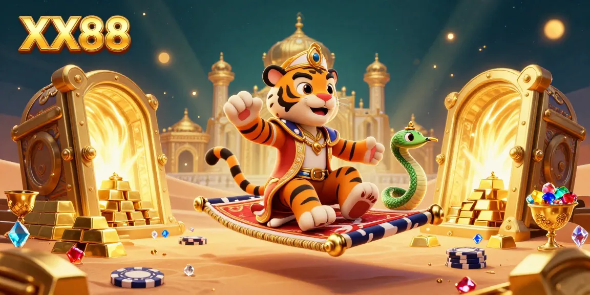 Experience the excitement of XX88 with a cartoon sultan and treasures surrounded by gold and gems.