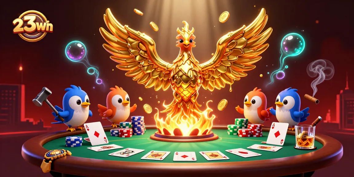 Engage with 23win as the golden phoenix rises, showcasing a dynamic casino scene with poker elements.