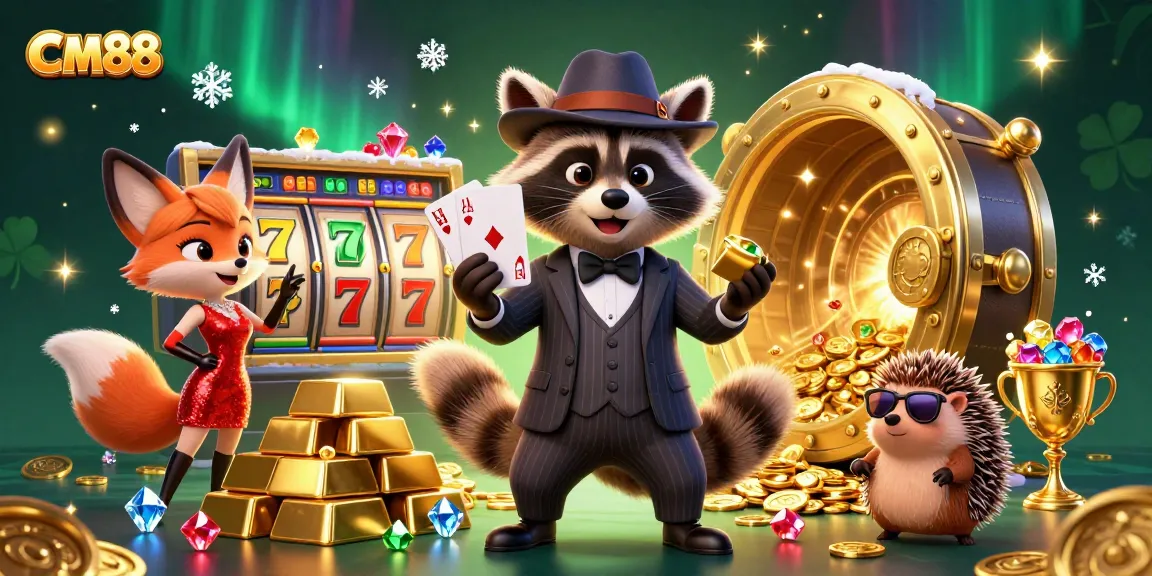 Engage in winning with CM88's 3D casino illustrated scene featuring a raccoon, fox, and hedgehog.