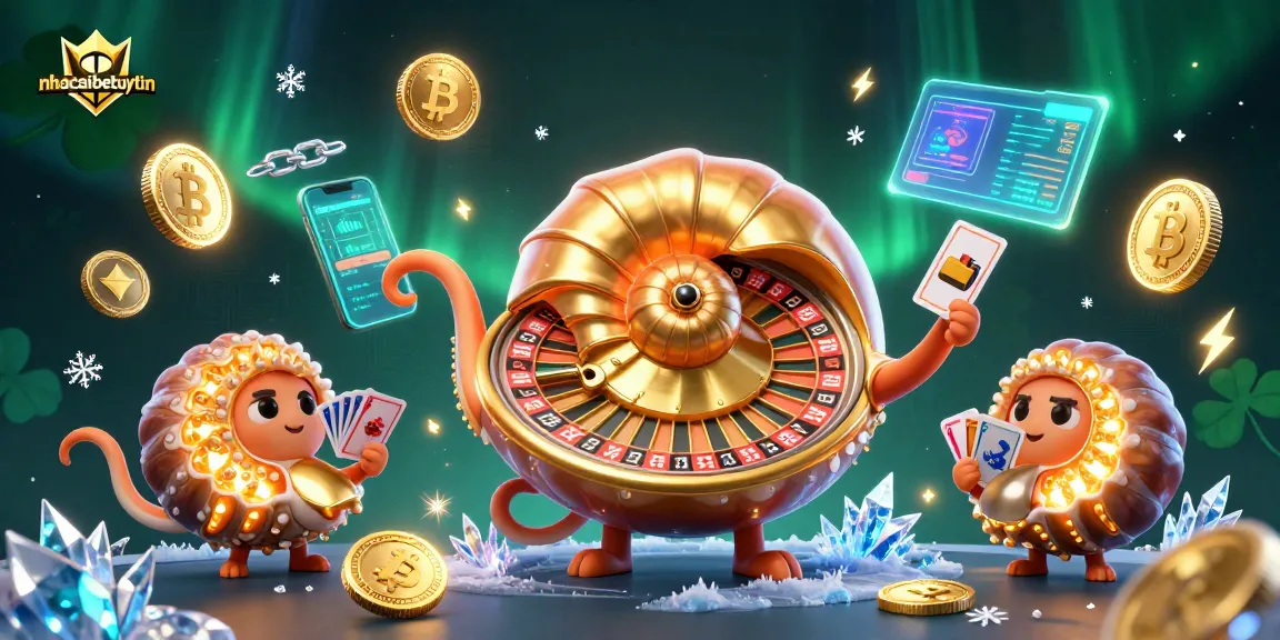 Engage with the vibrant world of nhacaibetuytin featuring a giant nautilus roulette wheel and glowing crypto coins.