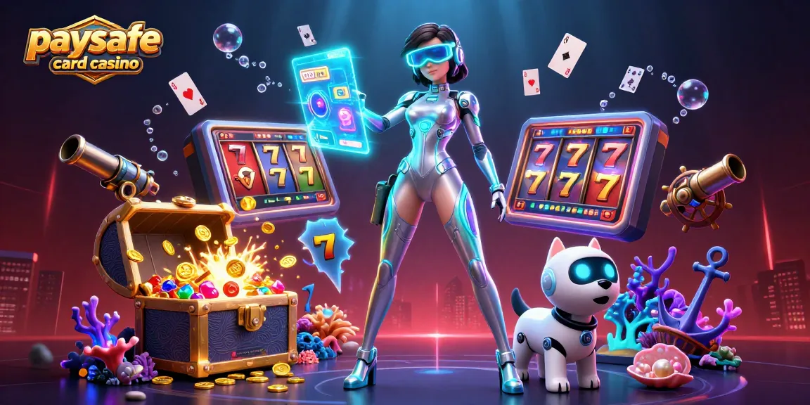 Tauchen Sie ein in die lebendige Welt des Paysafe Card Casinos, mit einer 3D-Frau und einem Roboterhund, umgeben von aufregenden Spielelementen.