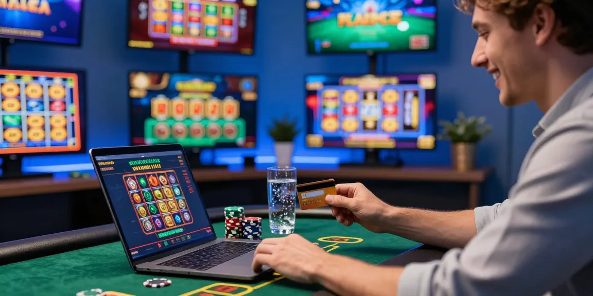 Scoarch.org.uk lists the best credit card casinos, featuring a lively scene of a player enjoying online gaming with credit cards and various games displayed.