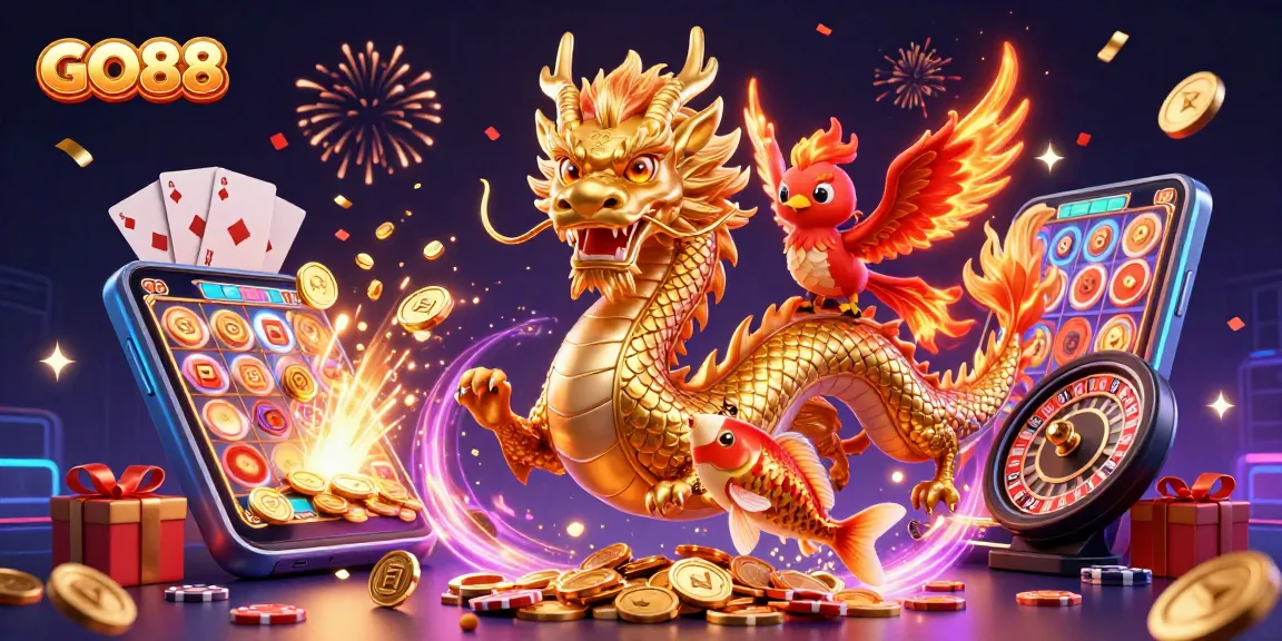 Experience GO88 with a dazzling illustration of a golden dragon and lucky koi fish amidst casino games.